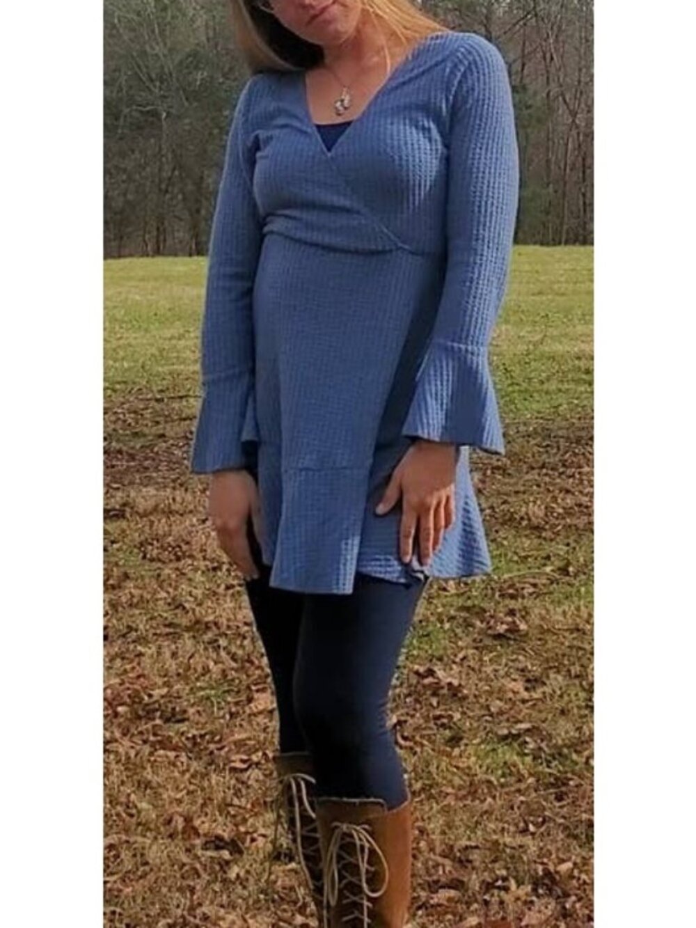 C+D+M faux wrap bell sleeve flare ribbed knit dress blue